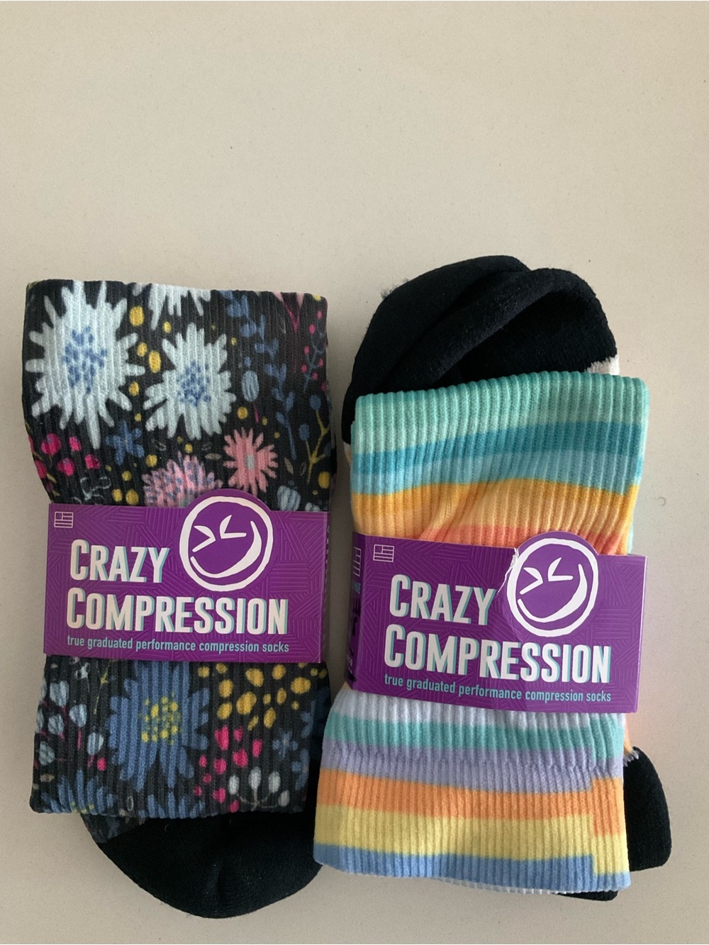 NWT Crazy Compression Socks Lot of TWO Floral Striped SMALL MEDIUM